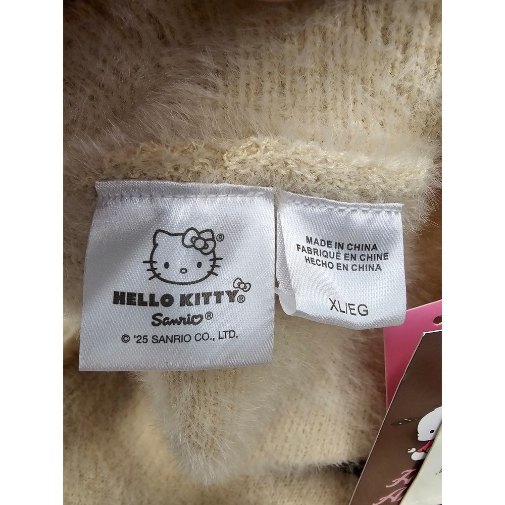 Sanrio Hello Kitty Fuzzy Cardigan Sweater Cream Bows XL KTHK016GLB NEW - Picture 4 of 7